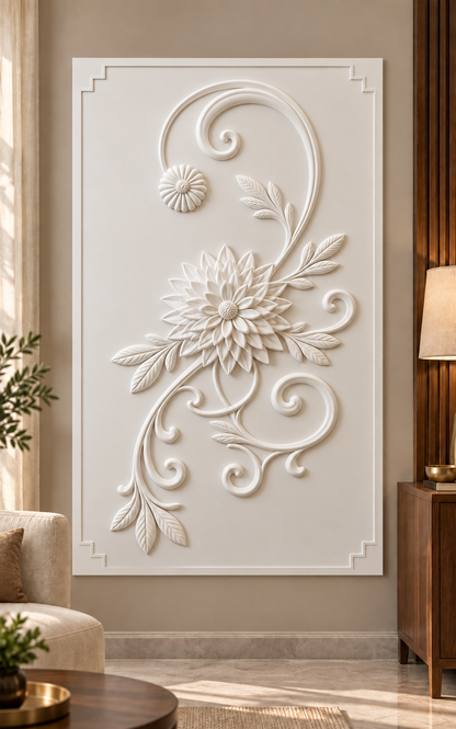 Dahlia Spiral Flourish Corian wall panel, front view in a Mumbai classic living room; AI-assisted concept visualisation