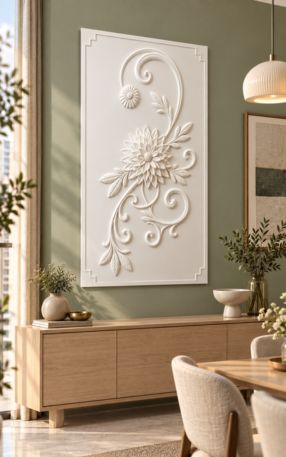 Dahlia Spiral Flourish Corian wall panel, left view in a Mumbai dining room sideboard wall; AI-assisted concept visualisation