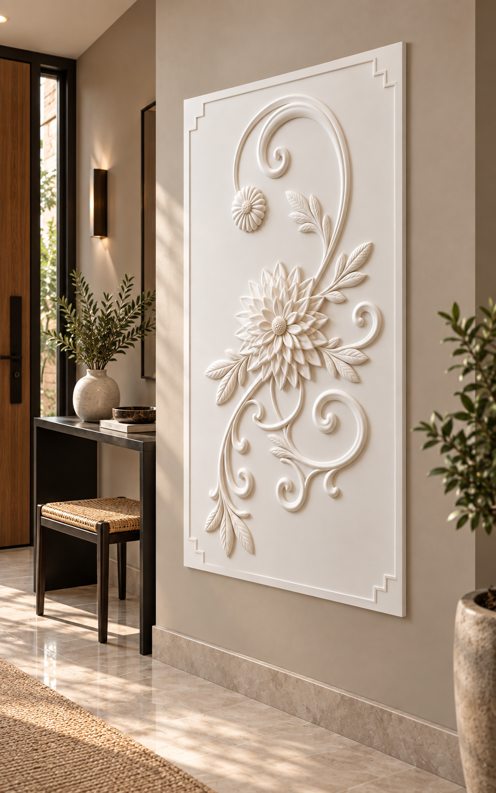 Dahlia Spiral Flourish Corian wall panel, right view in a Mumbai entrance reception area; AI-assisted concept visualisation