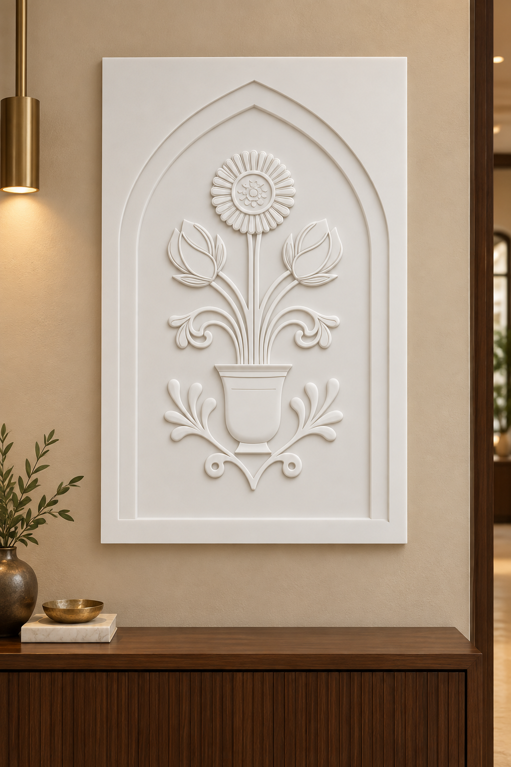 Daisy Bud Cup Emblem Corian wall panel, front view in a refined Mumbai apartment foyer with a walnut console and brass lighting; AI-assisted concept visualisation