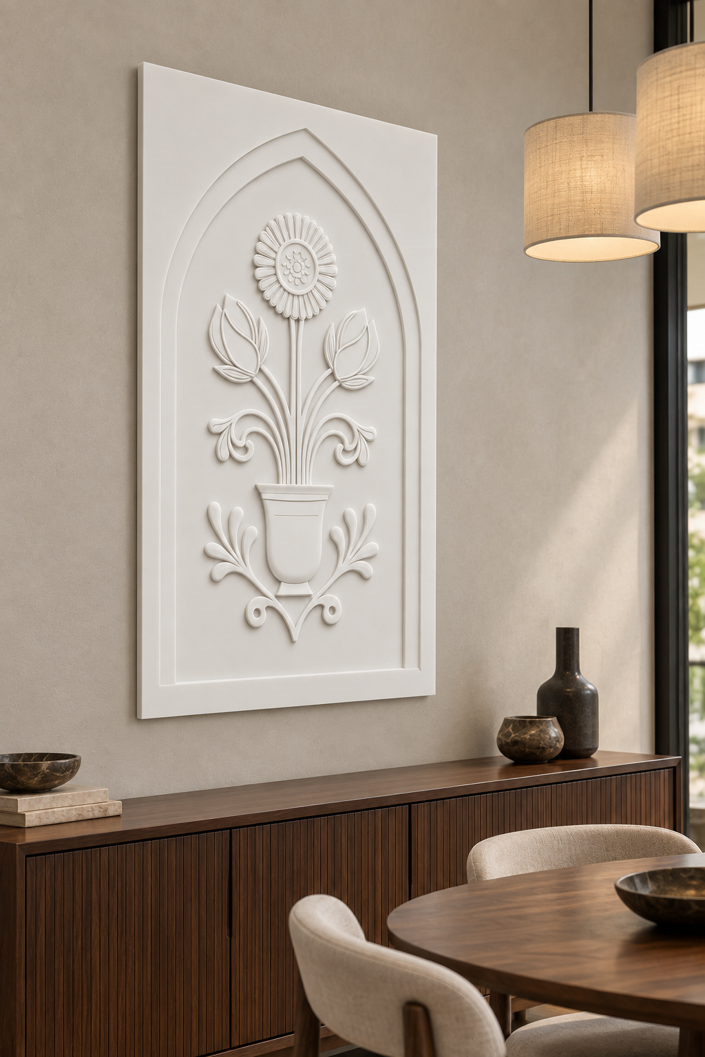 Daisy Bud Cup Emblem Corian wall panel, left view in a Mumbai dining nook with a dark walnut sideboard, oval table and linen pendants; AI-assisted concept visualisation
