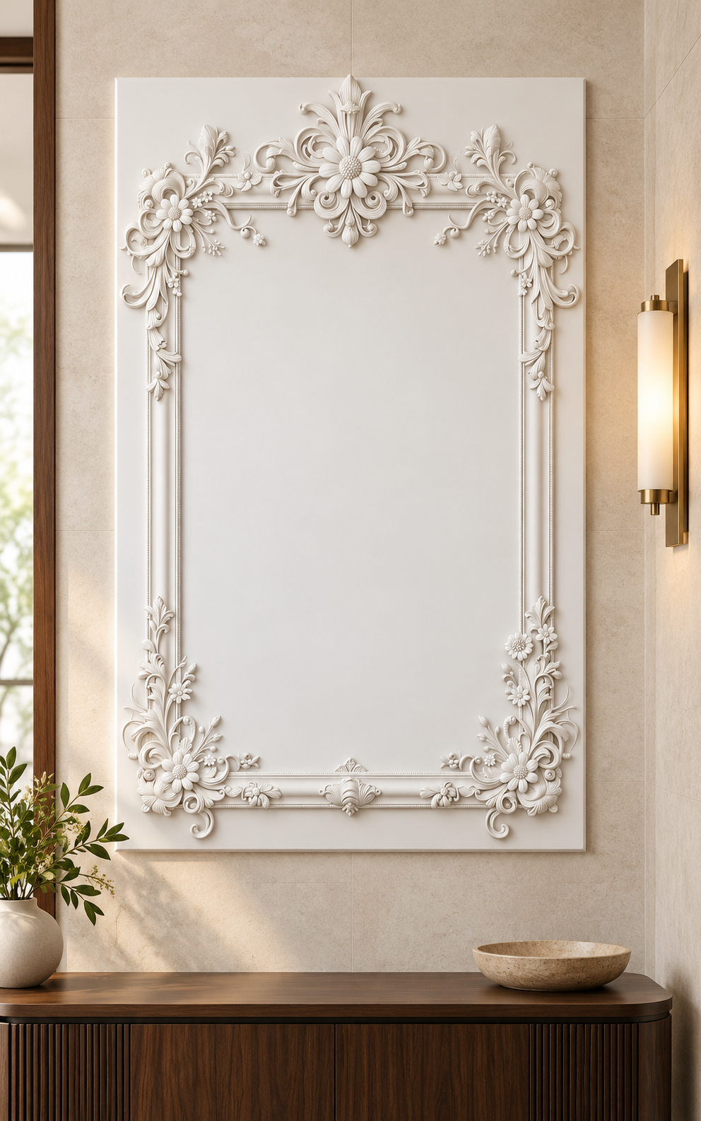 Front view of the white Daisy Crest Scroll Frame Corian Wall Panel with a solid inset centre in a Mumbai limestone foyer