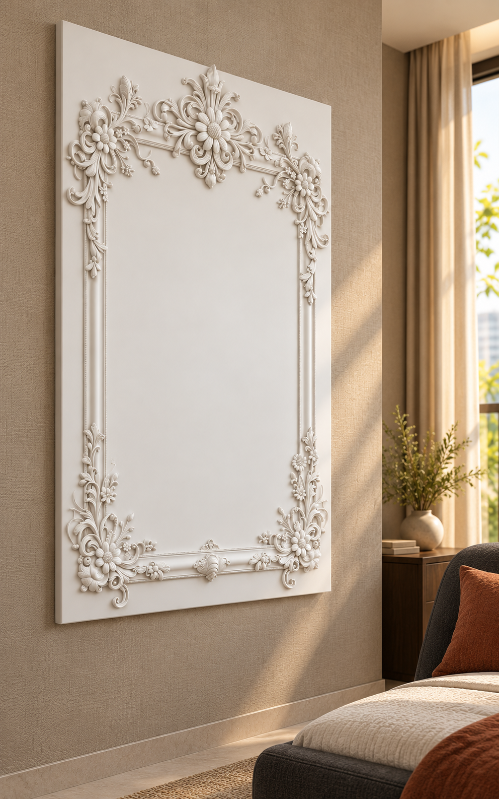Left-angle view of the white Daisy Crest Scroll Frame Corian Wall Panel with a solid inset centre in a Mumbai taupe-wall bedroom
