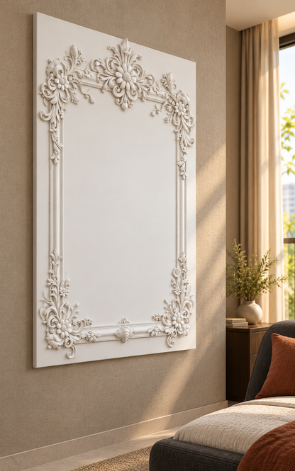 Left-angle view of the white Daisy Crest Scroll Frame Corian Wall Panel with a solid inset centre in a Mumbai taupe-wall bedroom