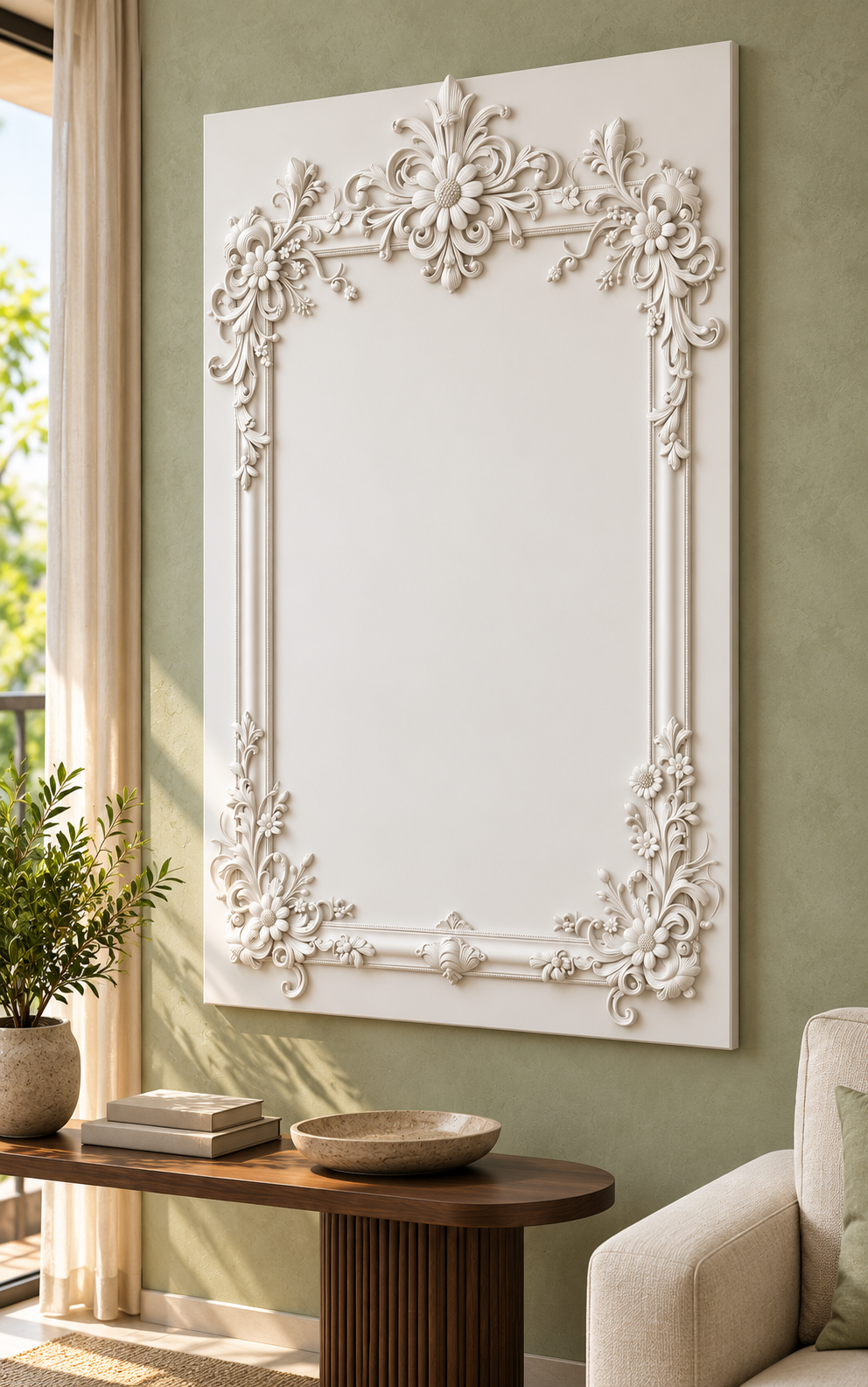 Right-angle view of the white Daisy Crest Scroll Frame Corian Wall Panel with a solid inset centre in a Mumbai sage-wall living room