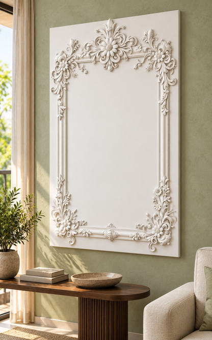 Right-angle view of the white Daisy Crest Scroll Frame Corian Wall Panel with a solid inset centre in a Mumbai sage-wall living room