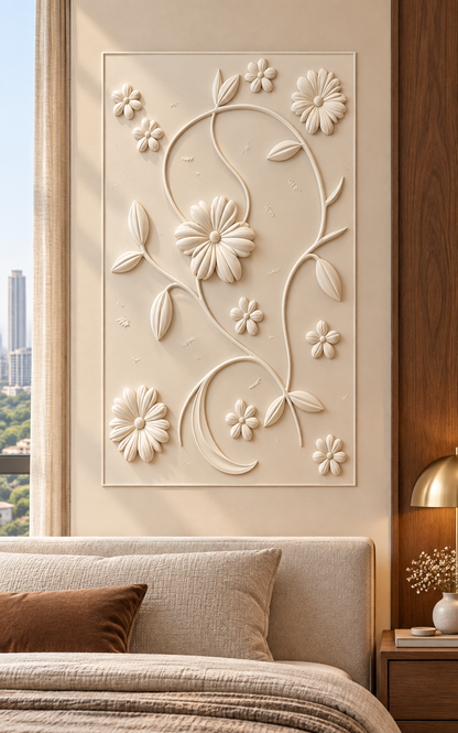 Daisy Loop Garden Corian wall panel, front view in a Mumbai bedroom feature wall; AI-assisted concept visualisation