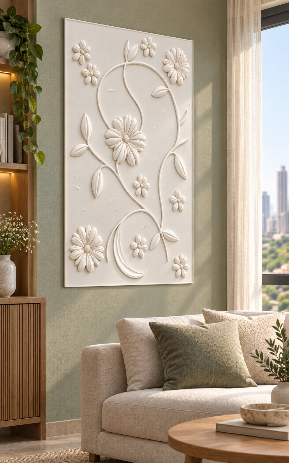 Daisy Loop Garden Corian wall panel, left view in a Mumbai family living room; AI-assisted concept visualisation
