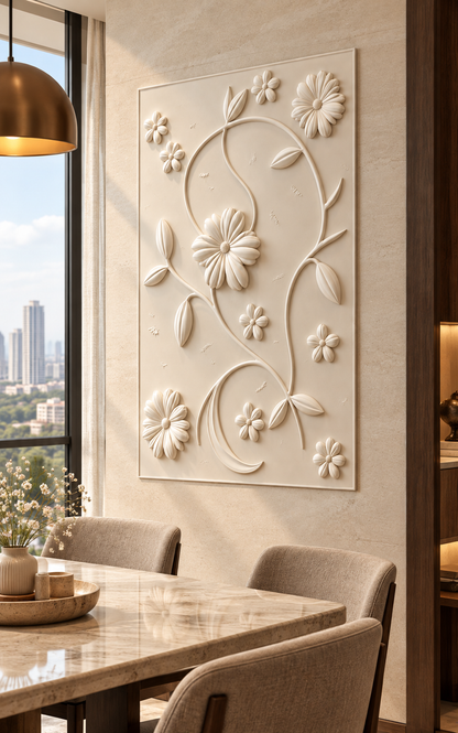 Daisy Loop Garden Corian wall panel, right view in a Mumbai dining room accent wall; AI-assisted concept visualisation