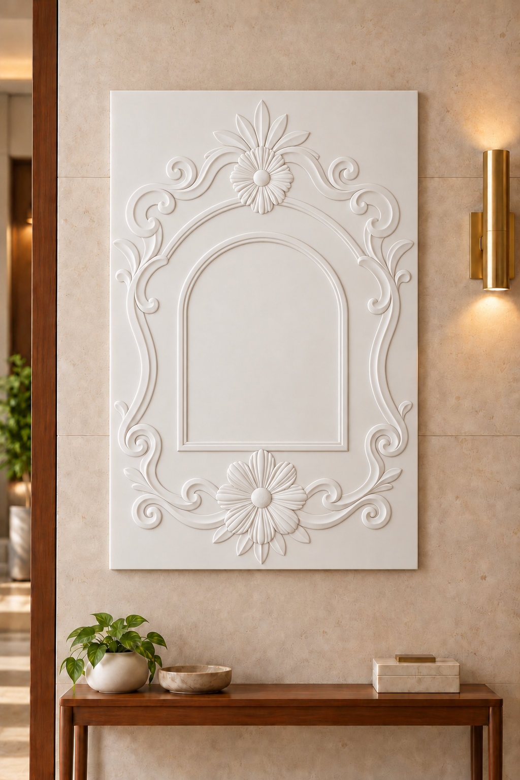 Front view of the white Daisy Pair Arched Scroll Corian Wall Panel with a solid inset centre in a Mumbai entrance foyer