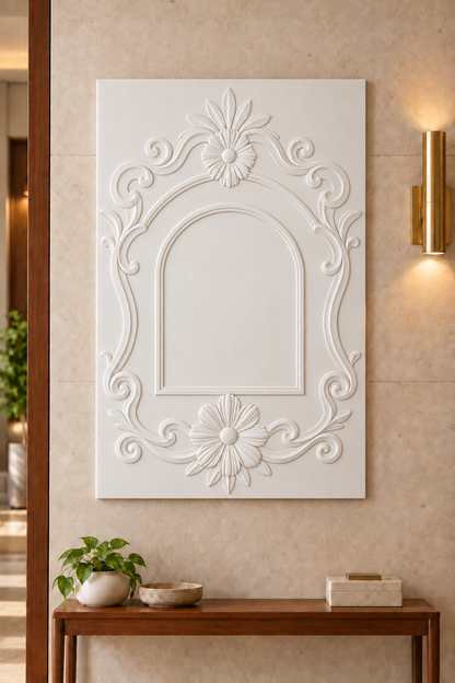 Front view of the white Daisy Pair Arched Scroll Corian Wall Panel with a solid inset centre in a Mumbai entrance foyer