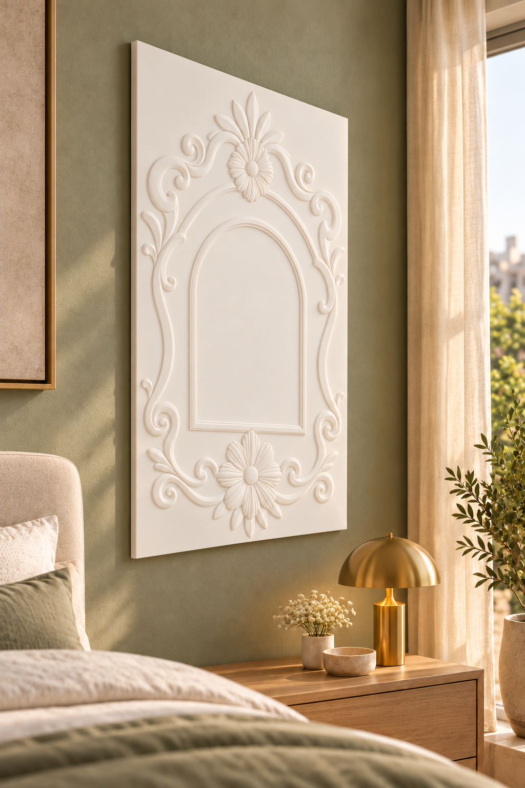 Left-angle view of the white Daisy Pair Arched Scroll Corian Wall Panel with a solid inset centre in a Mumbai bedroom