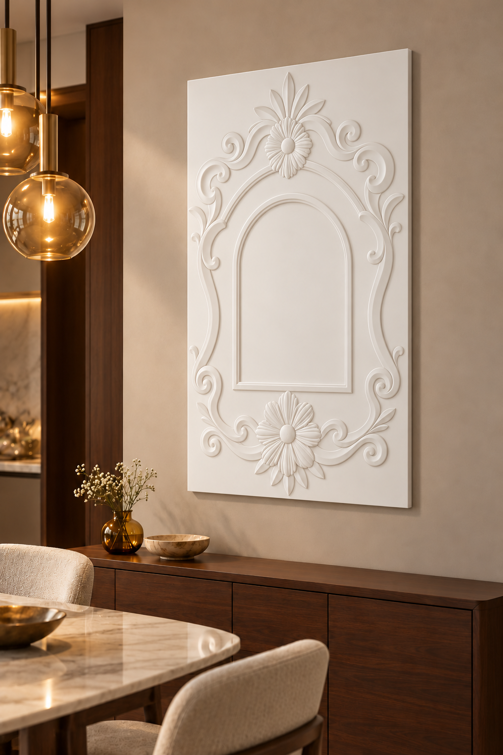 Right-angle view of the white Daisy Pair Arched Scroll Corian Wall Panel with a solid inset centre in a Mumbai dining room
