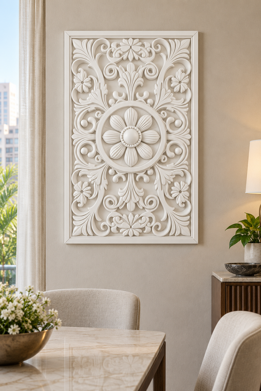 Daisy Ring Corner Garden Corian wall panel, front view on a dining room feature wall in a Mumbai home; AI-assisted concept visualisation