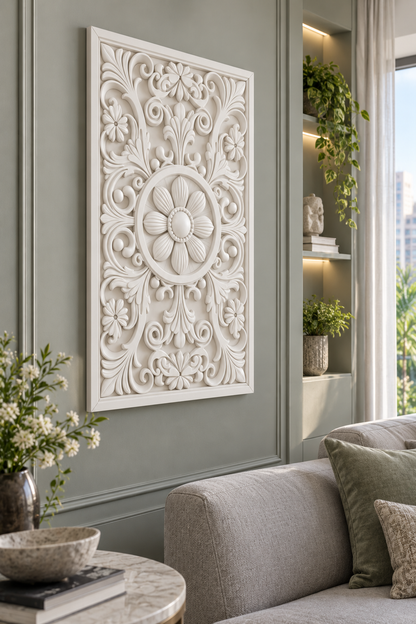 Daisy Ring Corner Garden Corian wall panel, left view on a living room alcove in a Mumbai home; AI-assisted concept visualisation
