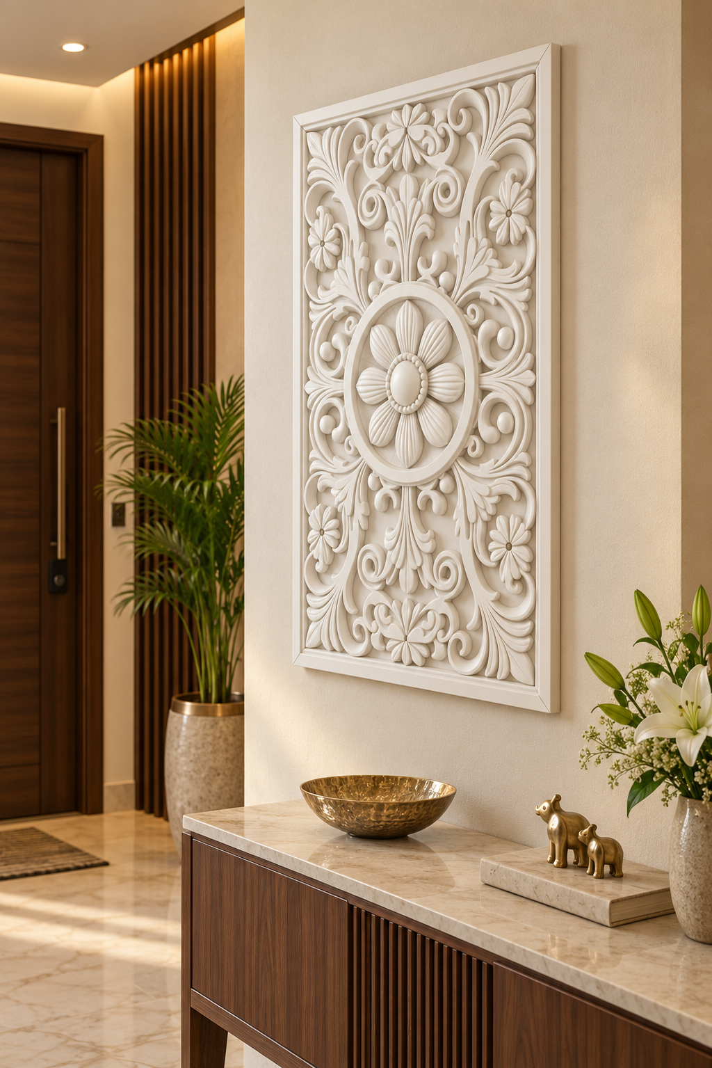 Daisy Ring Corner Garden Corian wall panel, right view on an entrance reception wall in a Mumbai home; AI-assisted concept visualisation