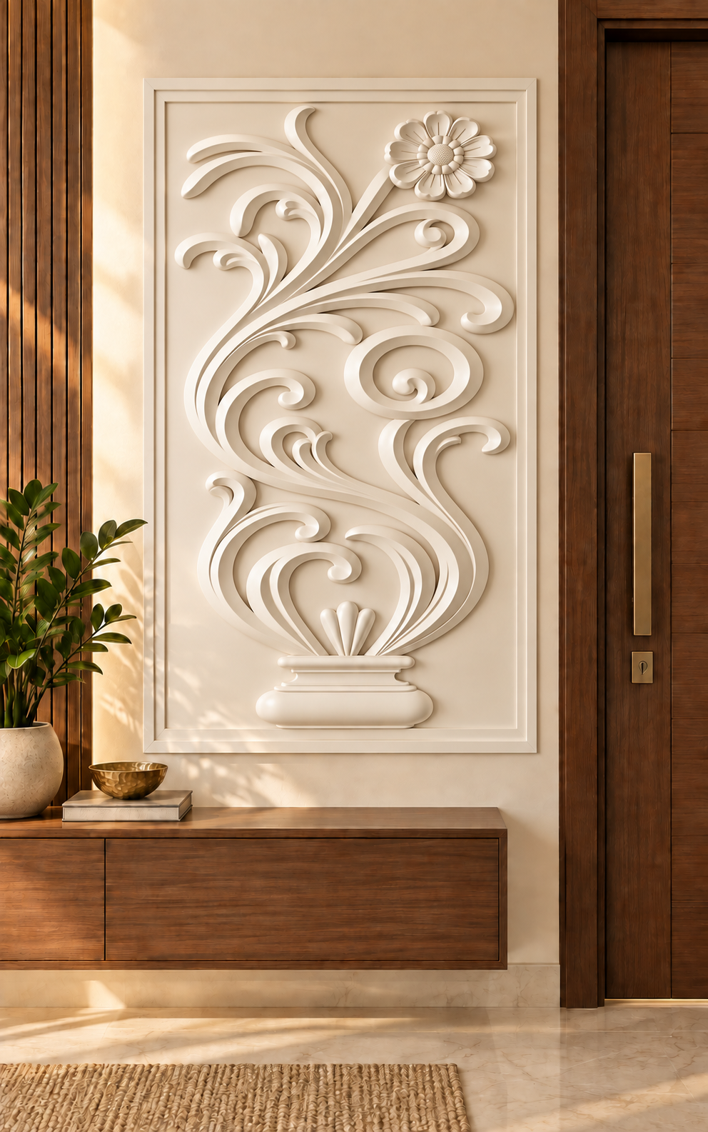 Daisy Scroll Pedestal Corian wall panel, front view in a Mumbai entrance foyer; AI-assisted concept visualisation