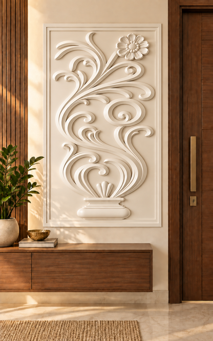 Daisy Scroll Pedestal Corian wall panel, front view in a Mumbai entrance foyer; AI-assisted concept visualisation