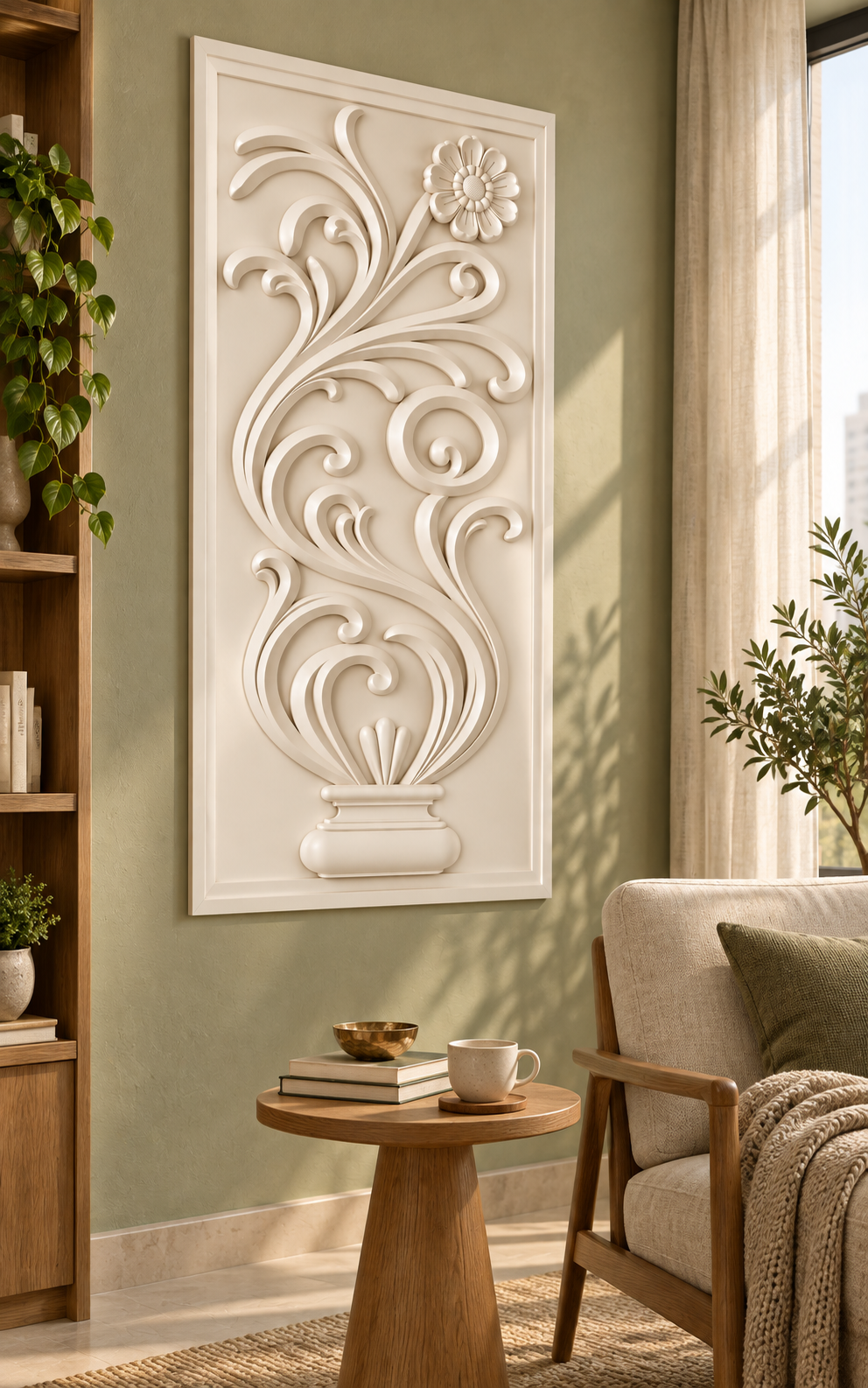 Daisy Scroll Pedestal Corian wall panel, left view in a Mumbai living room reading corner; AI-assisted concept visualisation