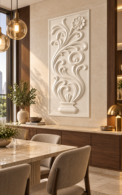 Daisy Scroll Pedestal Corian wall panel, right view in a Mumbai dining room accent wall; AI-assisted concept visualisation