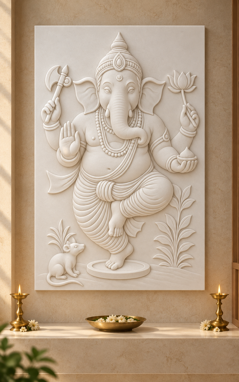 Dancing Ganesha Grace Corian Wall Panel CWP-632, front view in a Mumbai home setting; AI-assisted concept