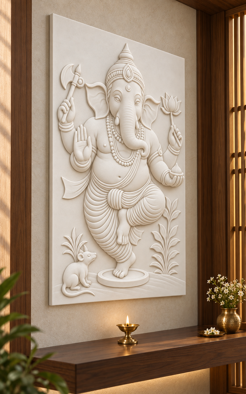 Dancing Ganesha Grace Corian Wall Panel CWP-632, left view in a Mumbai home setting; AI-assisted concept