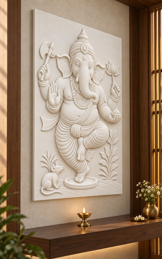 Dancing Ganesha Grace Corian Wall Panel CWP-632, left view in a Mumbai home setting; AI-assisted concept
