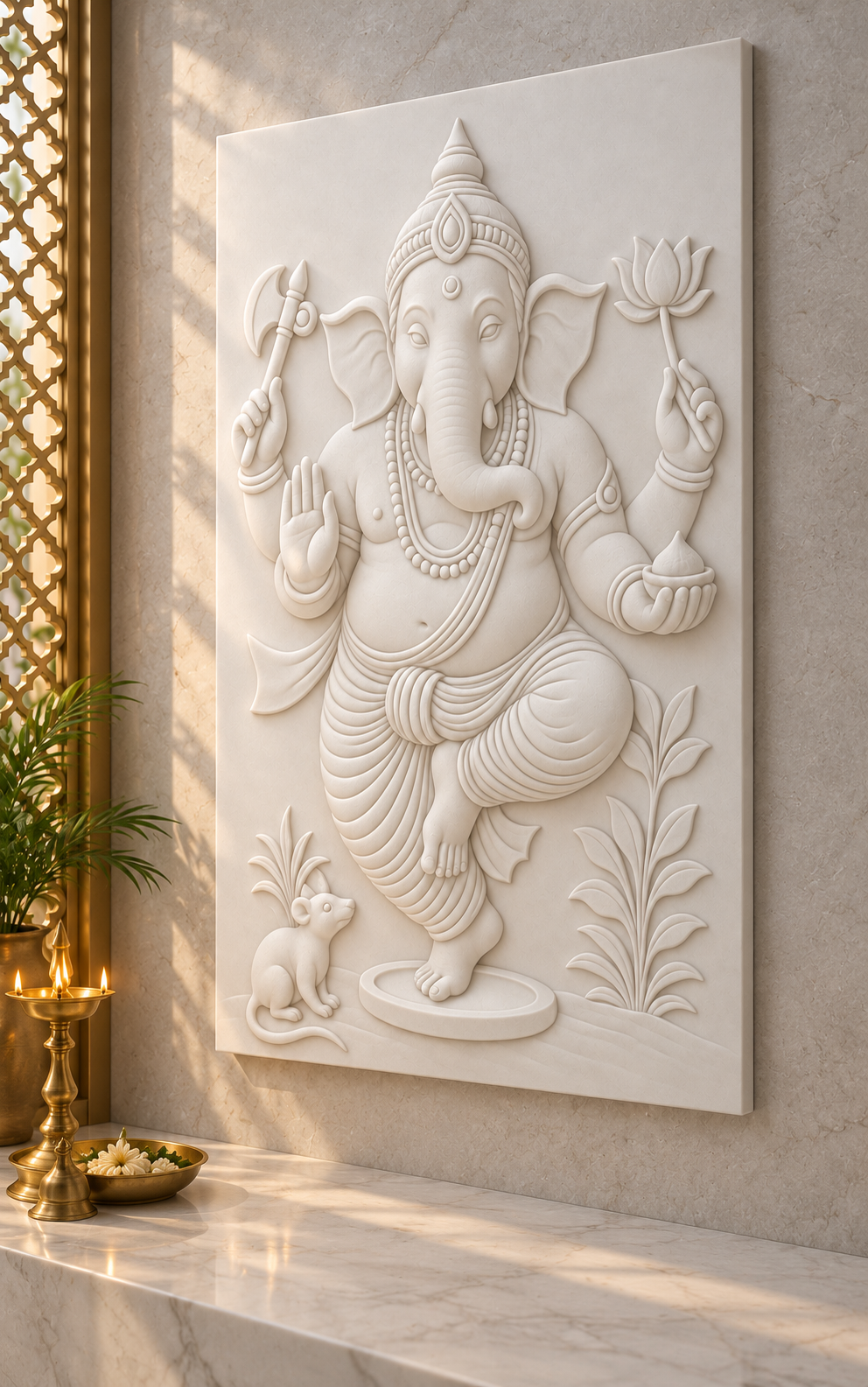 Dancing Ganesha Grace Corian Wall Panel CWP-632, right view in a Mumbai home setting; AI-assisted concept