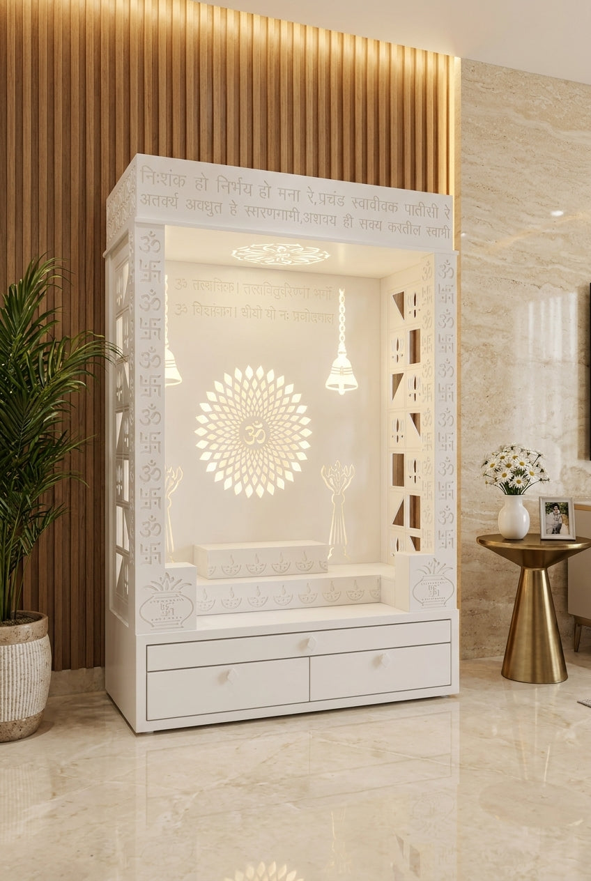 Designer Corian Mandir — Statement Pooja Centrepiece — Luxury Home Interior — Satguru Creations