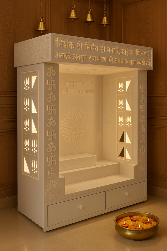 Designer Corian Mandir — Statement Pooja Centrepiece — Luxury Indian Home Interior — Satguru Creations
