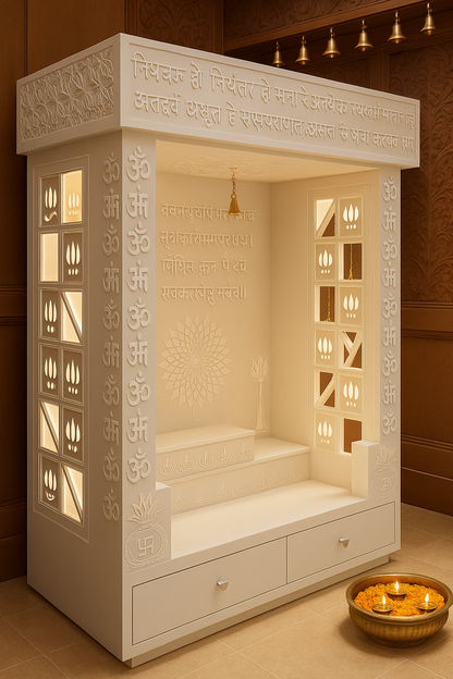 Designer Corian Mandir — Statement Pooja Centrepiece — Luxury Indian Home Interior — Satguru Creations