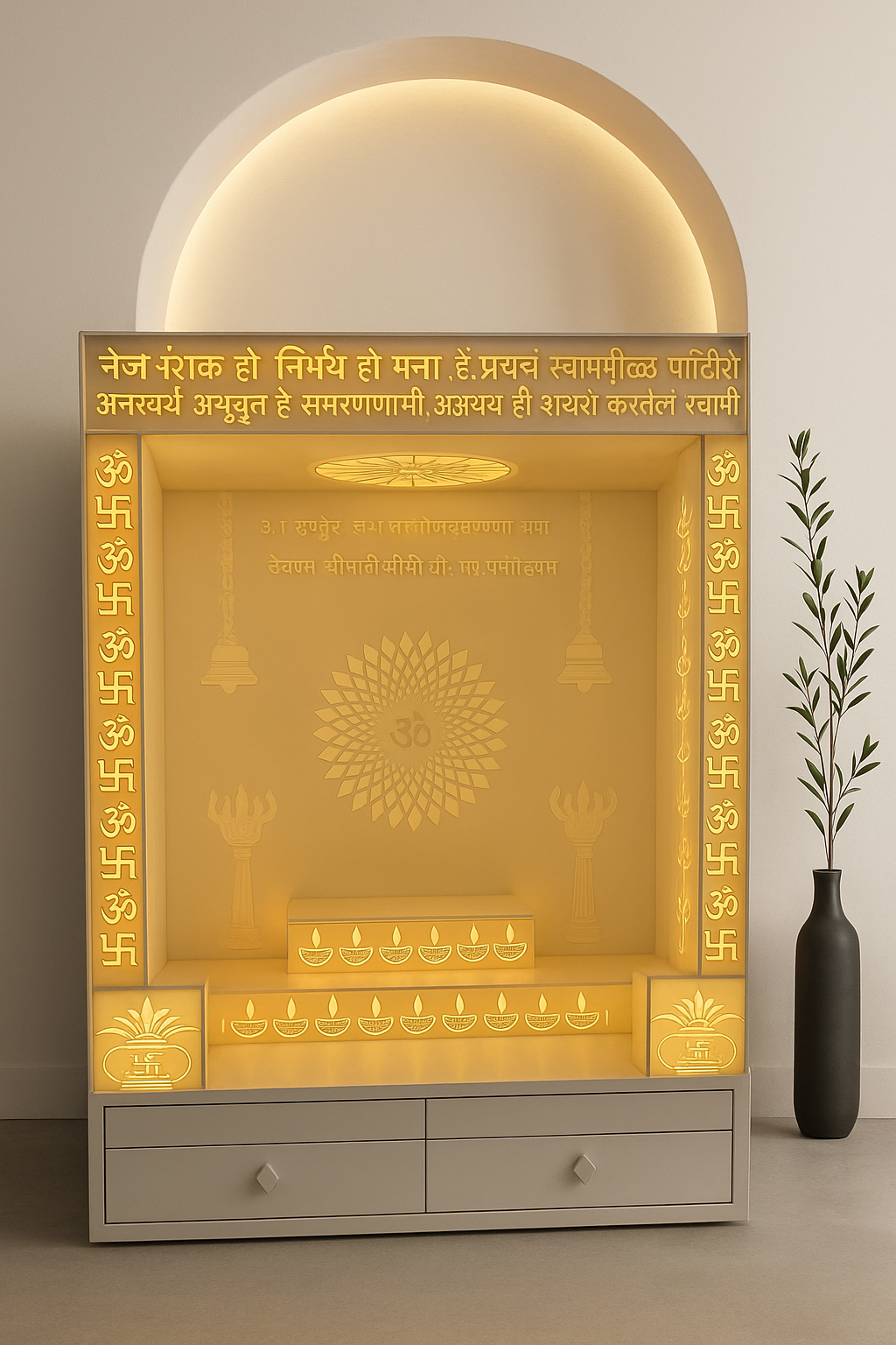 Designer Corian Mandir — Statement Pooja Centrepiece — Luxury Indian Home Interior — Satguru Creations