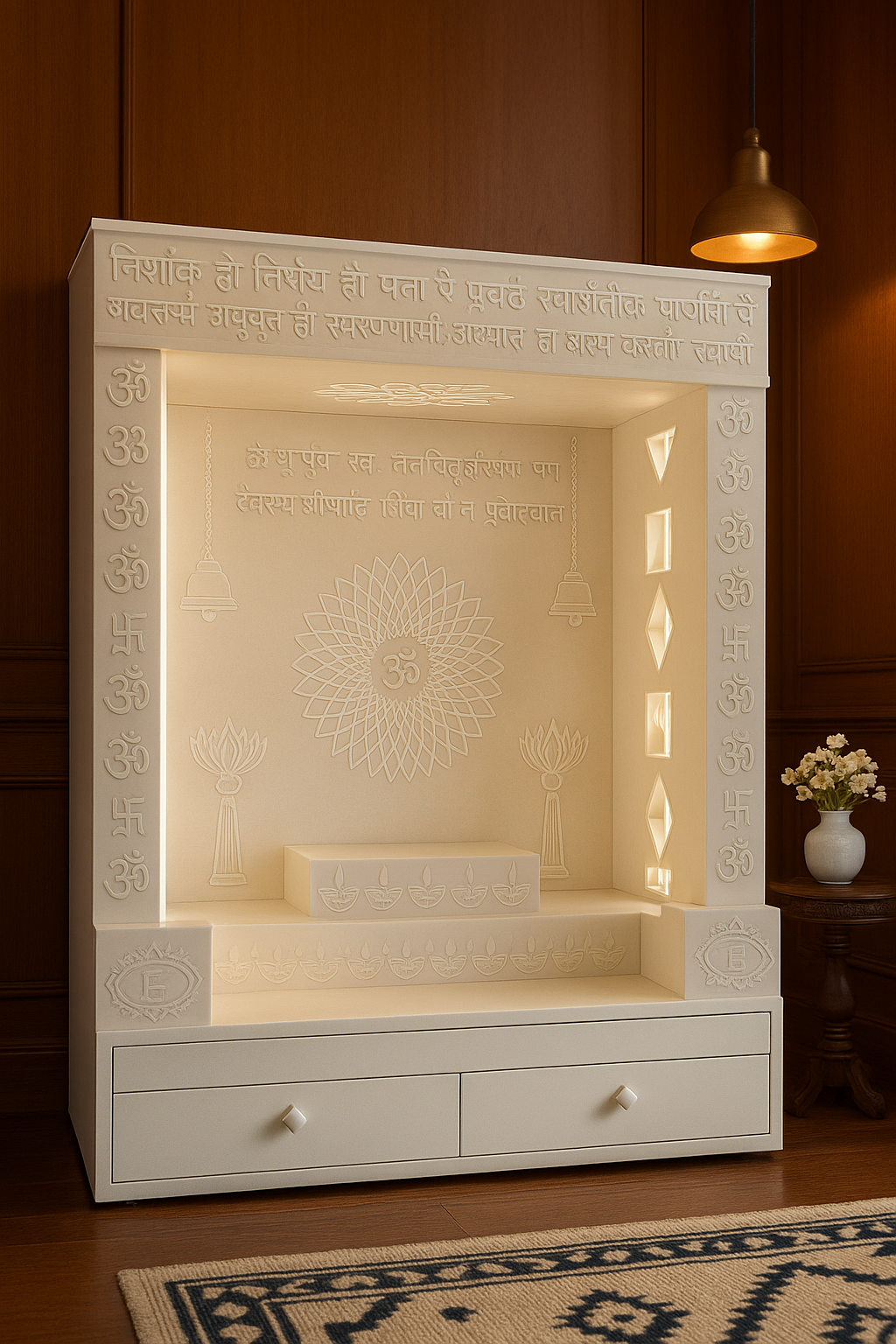 Designer Corian Mandir — Statement Pooja Centrepiece — Luxury Indian Home Interior — Satguru Creations