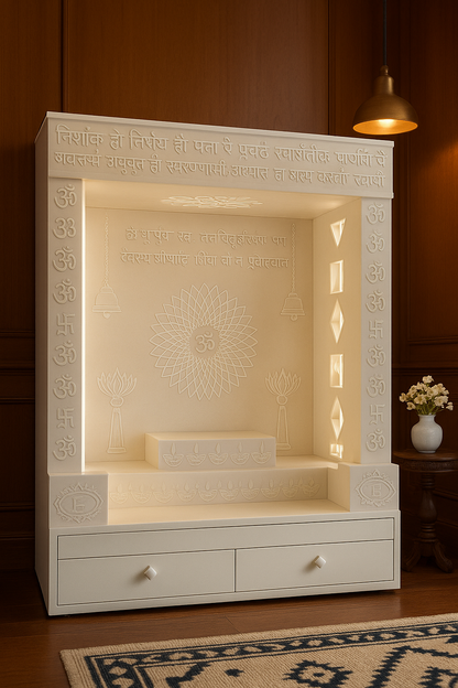 Designer Corian Mandir — Statement Pooja Centrepiece — Luxury Indian Home Interior — Satguru Creations
