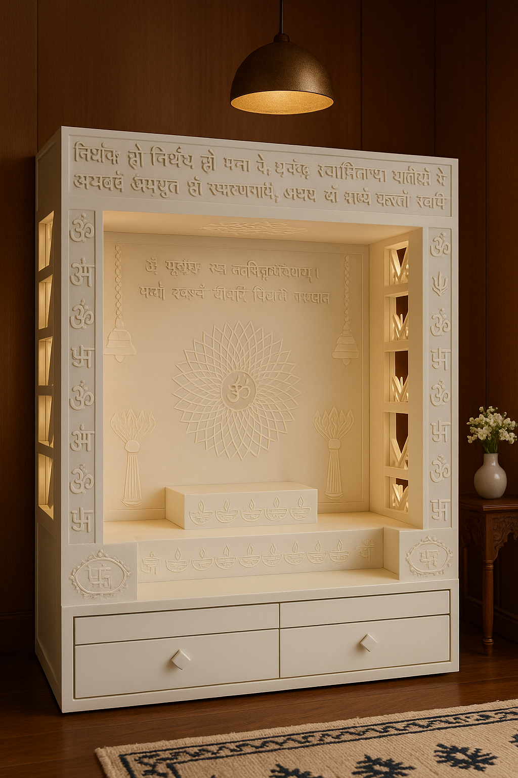 Designer Corian Mandir — Statement Pooja Centrepiece — Luxury Indian Home Interior — Satguru Creations