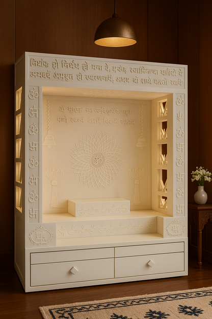 Designer Corian Mandir — Statement Pooja Centrepiece — Luxury Indian Home Interior — Satguru Creations