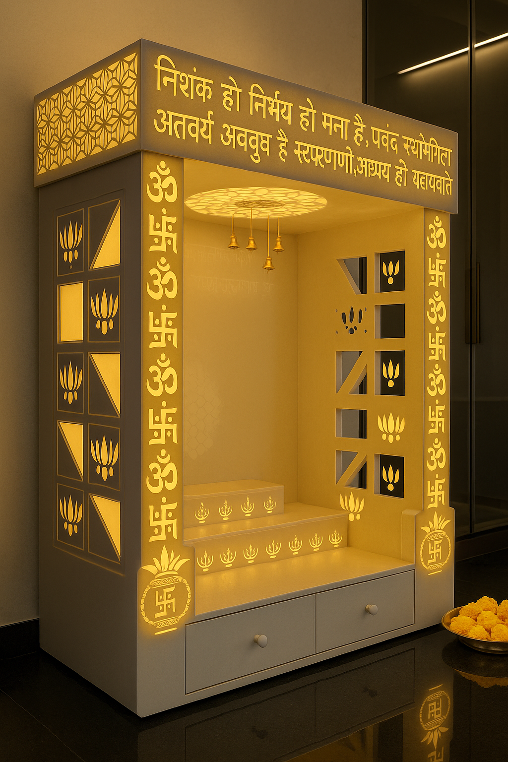 Designer Corian Mandir — Statement Pooja Centrepiece — Luxury Indian Home Interior — Satguru Creations