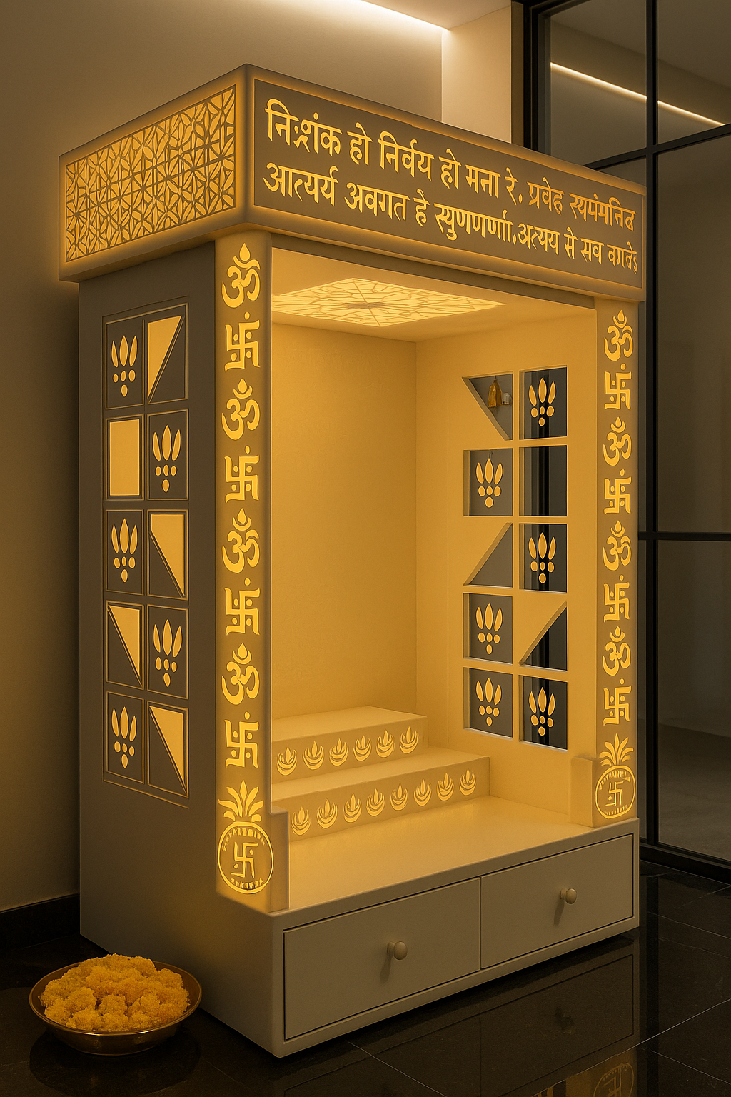 Designer Corian Mandir — Statement Pooja Centrepiece — Luxury Indian Home Interior — Satguru Creations