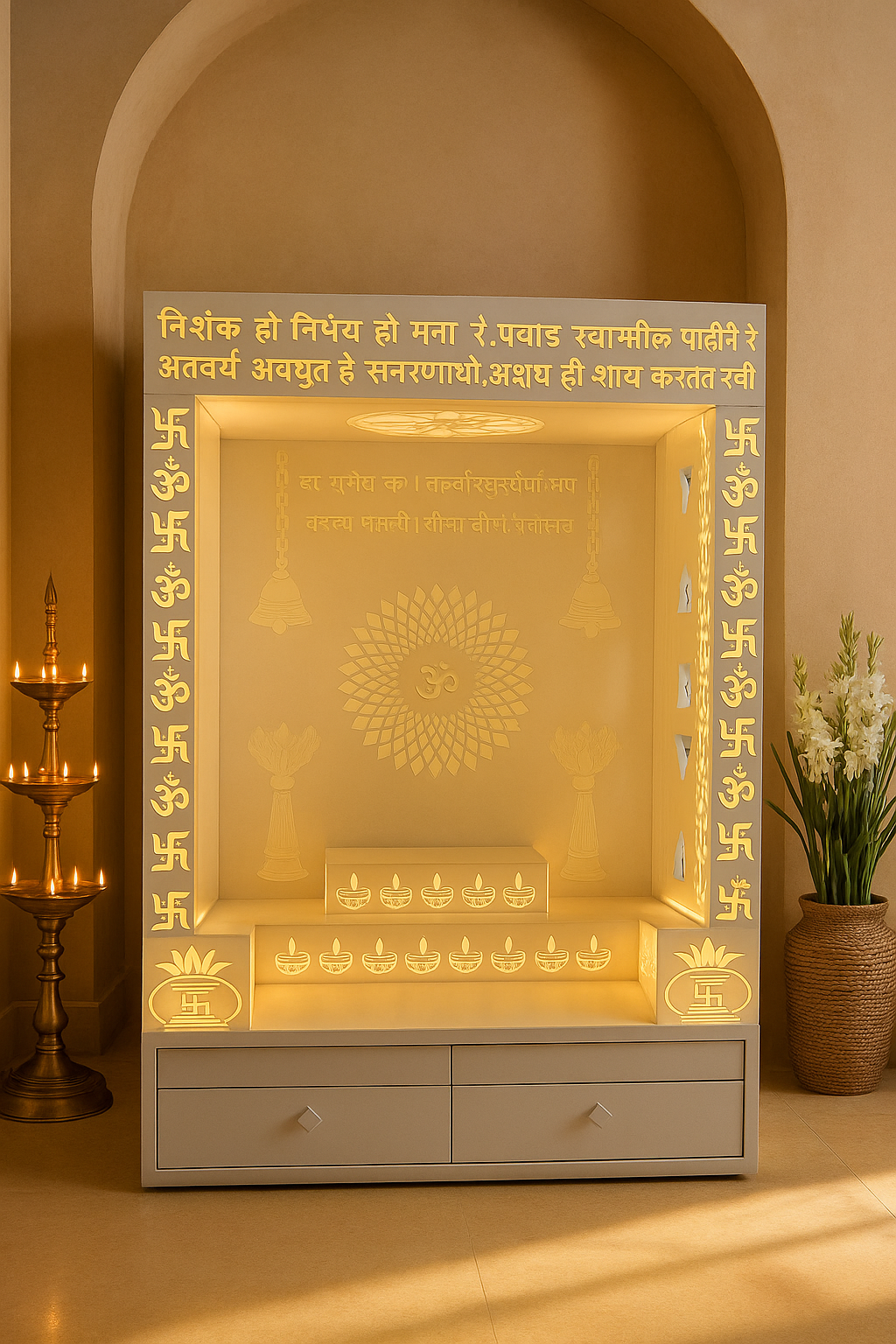Designer Corian Mandir — Statement Pooja Centrepiece — Luxury Indian Home Interior — Satguru Creations