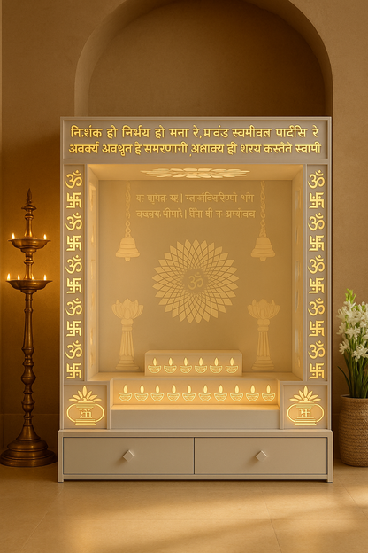 Designer Corian Mandir — Statement Pooja Centrepiece — Luxury Indian Home Interior — Satguru Creations
