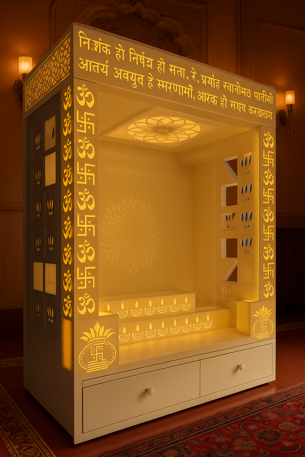 Designer Corian Mandir — Statement Pooja Centrepiece — Luxury Indian Home Interior — Satguru Creations