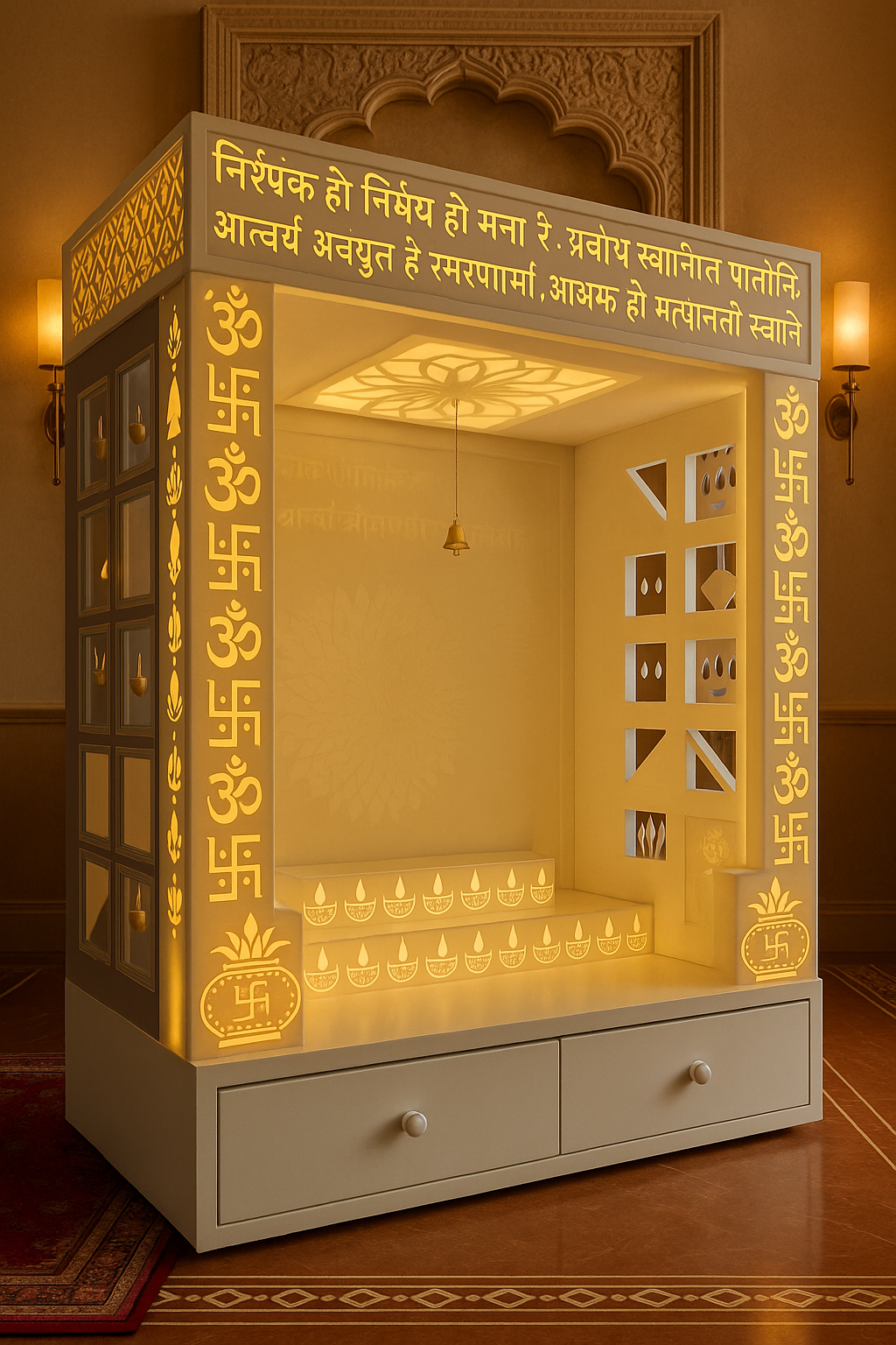 Designer Corian Mandir — Statement Pooja Centrepiece — Luxury Indian Home Interior — Satguru Creations