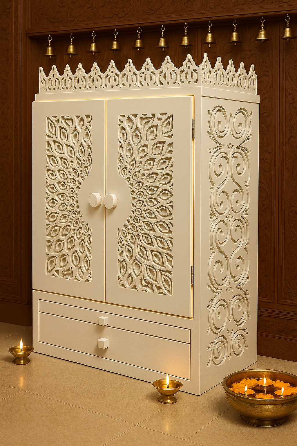 Designer Jain Corian Marble Temple — Premium Mandir — Luxury Indian Home Interior — Satguru Creations