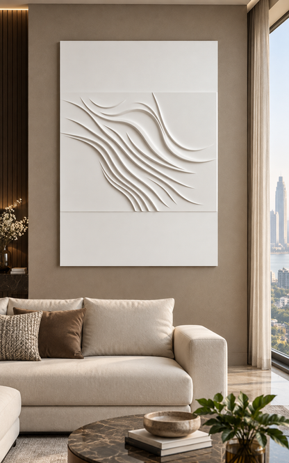 Diagonal Crest Confluence satin white Corian wall panel front view in luxury Worli Mumbai living room with a warm taupe wall and cream sofa