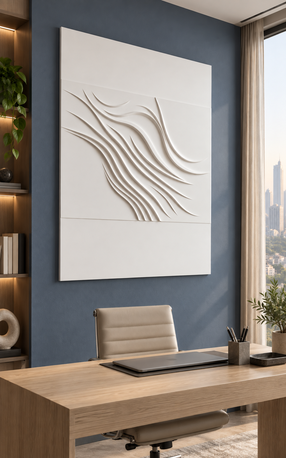 Diagonal Crest Confluence satin white Corian wall panel left view in luxury Andheri Mumbai home office with a slate blue wall and pale oak desk