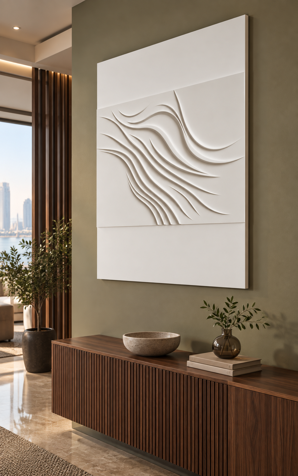 Diagonal Crest Confluence satin white Corian wall panel right view in luxury Dadar Mumbai entrance lounge with a muted olive wall and walnut console