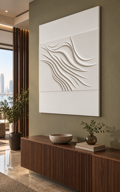 Diagonal Crest Confluence satin white Corian wall panel right view in luxury Dadar Mumbai entrance lounge with a muted olive wall and walnut console