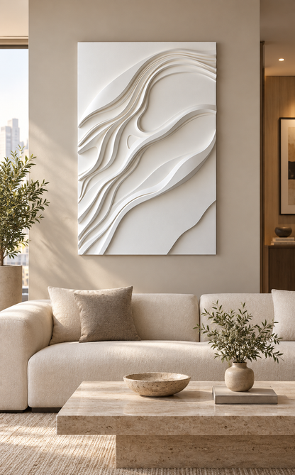 Diagonal Current Layers satin white Corian wall panel front view in luxury Mumbai living room with warm taupe wall, low cream sofa and travertine coffee table