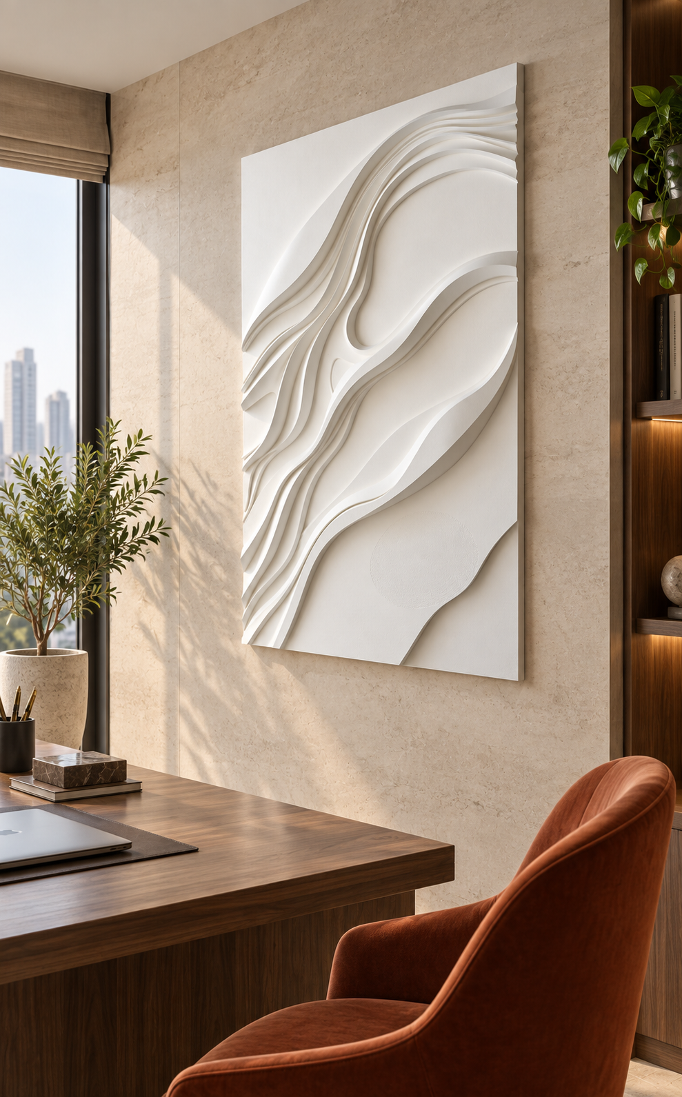 Diagonal Current Layers satin white Corian wall panel right view in luxury Mumbai home office with pale stone wall, walnut desk and rust velvet desk chair