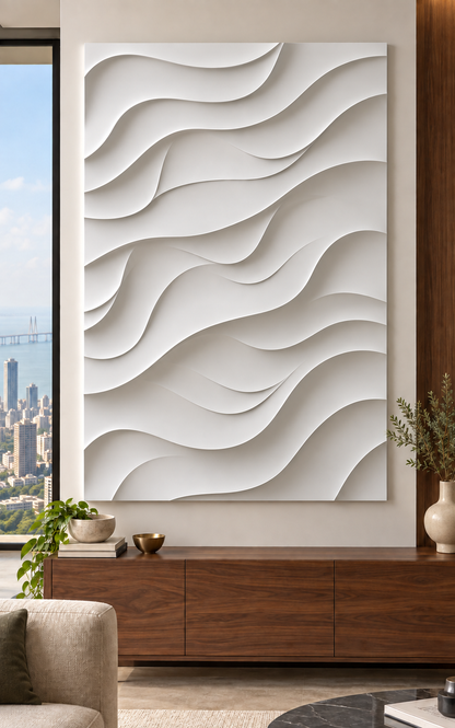 Diagonal Ribbon Tide Corian wall panel, front view in a Mumbai modern living room; AI-assisted concept visualisation
